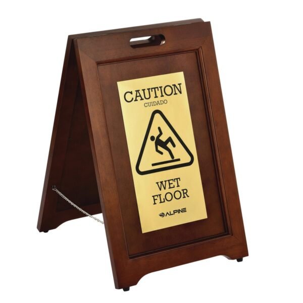 Alpine 2-Sided Plated Wooden A-Frame Bilingual Wet Floor Sign, 15 x 2 x 24, Brass (ALP499BRA)