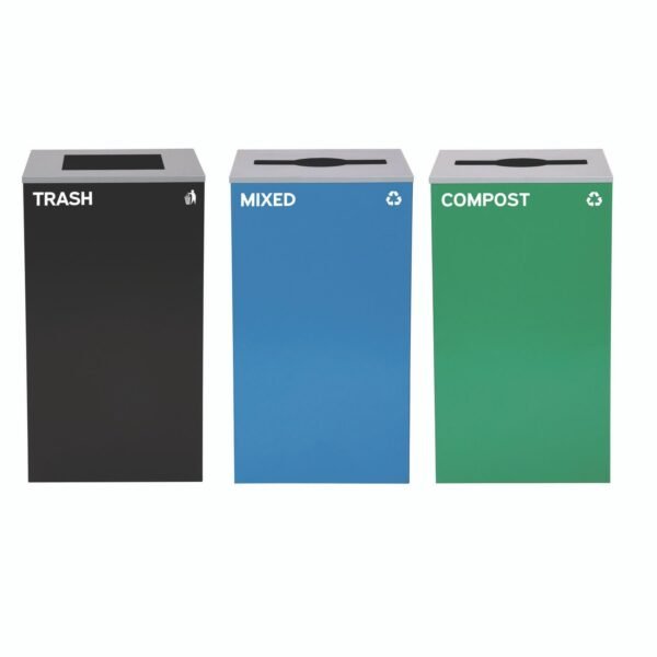 Alpine 29 Gallon Trash/Recycling Cans, Steel, Blue Mixed Recycling and Green Compost Cans w/Mixed Lids, Black Trash Can w/Square Lid (4450BLKKIT28)