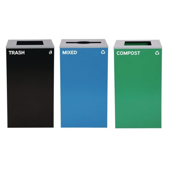 Alpine 29 Gallon Trash/Recycling Cans, Steel, Blue Mixed Recycling Can w/Mixed Lid, Green Compost and Black Trash Cans w/Square Lids (4450BLKKIT19)
