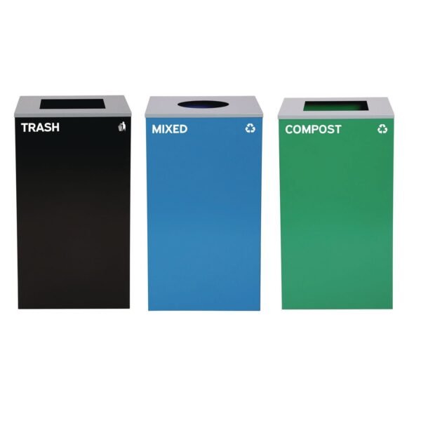Alpine 29 Gallon Trash/Recycling Cans, Steel, Blue Mixed Recycling Can w/Circle Lid, Green Compost and Black Trash Cans w/Sq Lids (4450BLKKIT33)
