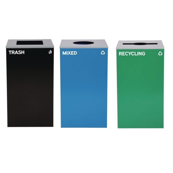 Alpine 29 Gallon Trash/Recycling Cans, Steel, Blue Mixed Recycling w/Circle Lid, Green Recycling w/Mixed Lid, Black Trash w/Sq Lid (4450BLKKIT40)
