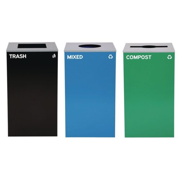 Alpine 29 Gallon Trash/Recycling Cans, Steel, Blue Mixed Recycling w/Circle Lid, Green Compost w/Mixed Lid, Black Trash w/Square Lid (4450BLKKIT37)