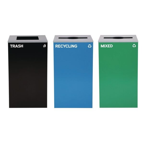 Alpine 29 Gallon Trash/Recycling Cans, Steel, Blue Recycling and Green Mixed Recycling Can w/Mixed Lids, Black Trash Can w/Sq Lid (4450BLKKIT31)