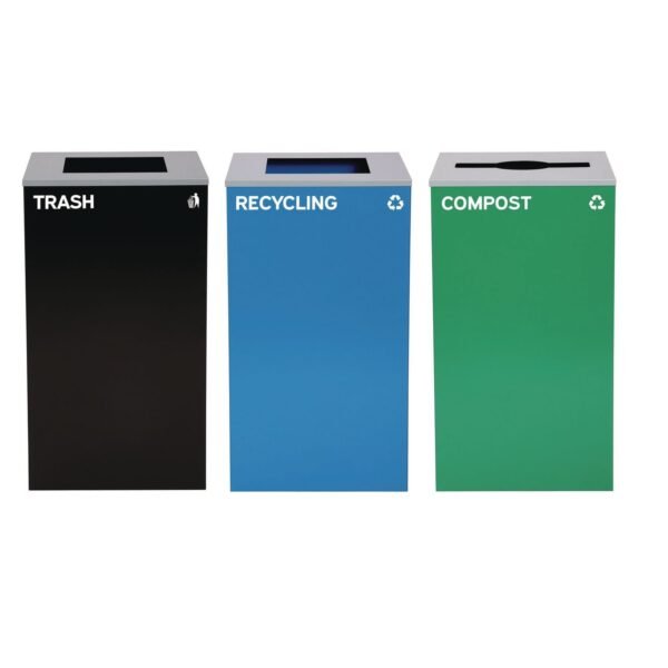 Alpine 29 Gallon Trash/Recycling Cans, Steel, Blue Recycling Can and Black Trash Can w/Square Lids, Green Compost Can with Mixed Lid (4450BLKKIT23)