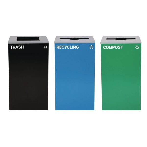Alpine 29 Gallon Trash/Recycling Cans, Steel, Blue Recycling Can and Green Compost Can w/Mixed Lids, Black Trash Can with Square Lid (4450BLKKIT27)