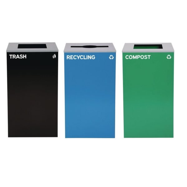 Alpine 29 Gallon Trash/Recycling Cans, Steel, Blue Recycling Can/Mixed Lid, Green Compost Can and Black Trash Can with Square Lids (4450BLKKIT18)
