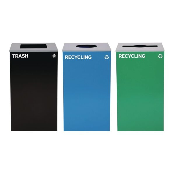 Alpine 29 Gallon Trash/Recycling Cans, Steel, Blue Recycling Can w/Circle Lid, Green Recycling w/Mixed Lid, Black Trash w/Square Lid (4450BLKKIT39)