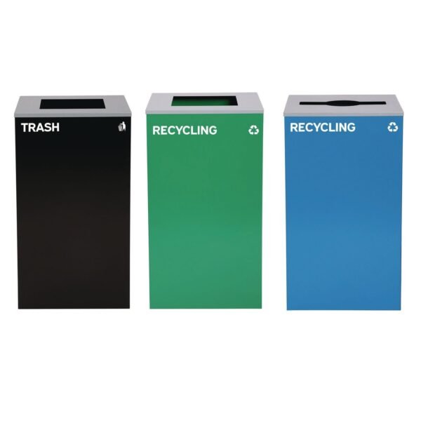 Alpine 29 Gallon Trash/Recycling Cans, Steel, Blue Recycling Can w/Mixed Lid, Green Recycling Can and Black Trash Can with Sq Lid (4450BLKKIT26)