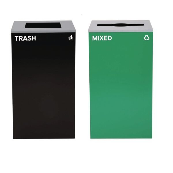 Alpine 29 Gallon Trash/Recycling Cans, Steel, Green Mixed Recycling Can with Mixed Lid, Black Trash Can with Square Lid (4450BLKKIT11)