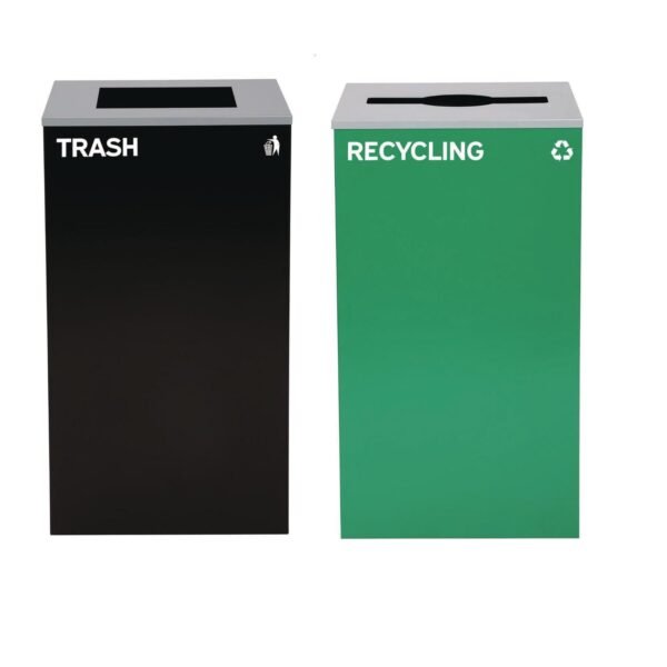 Alpine 29 Gallon Trash/Recycling Cans, Steel, Green Recycling Can with Mixed Lid, Black Trash Can with Square Lid (4450BLKKIT12)