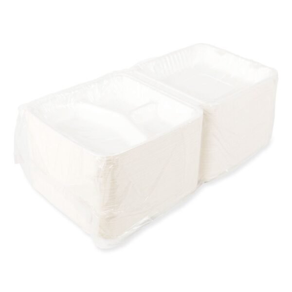 AmerCareRoyal Bagasse PFAS-Free Food Containers, 3-Compartment, 9 x 9 x 3.19, White, Bamboo/Sugarcane, 200/Carton (HL93NPFA)