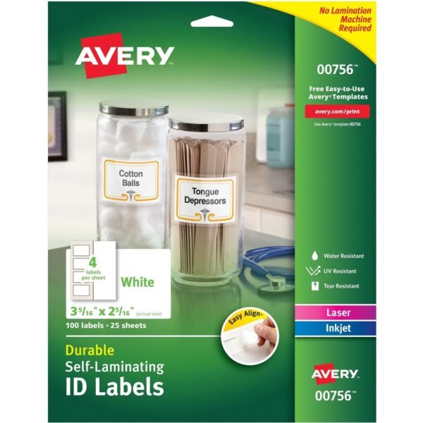 Avery® Easy Align ID Label 2 5/16" Width x 3 5/16" Length - Permanent Adhesive - Rectangle - Inkjet, Laser - White - Film - 4 / Sheet - 25 Total Sheets - 100 Total Label(s) -...