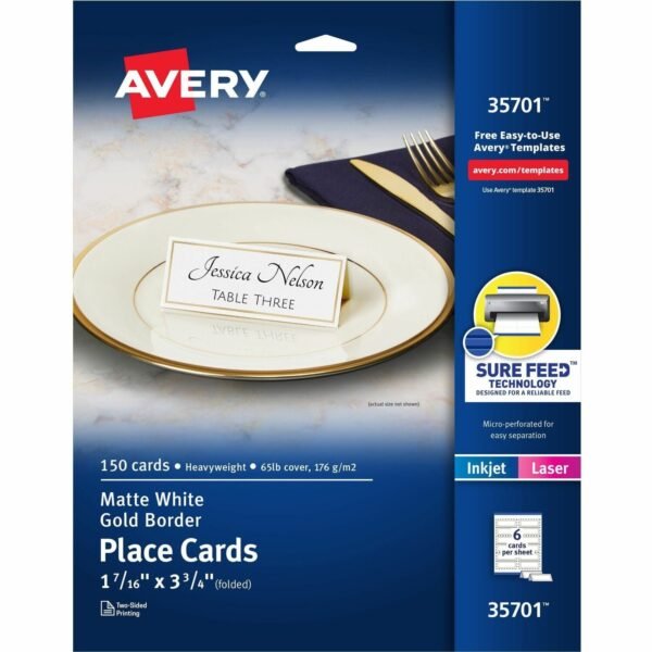 Avery® Place Cards With Gold Border 1-7/16" x 3-3/4" , 65 lbs. 150 Cards 97 Brightness - Letter - 8 1/2" x 11" - 65 lb Basis Weight - 176 g/m² Grammage - Matte - Perforated,...