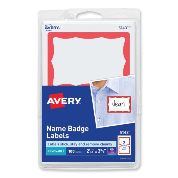 Avery Printable Adhesive Name Badges, 3.38 x 2.33, Red Border, 100/Pack (5143)