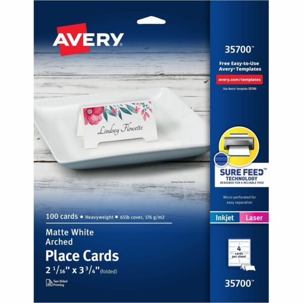 Avery® Sure Feed Arched Tent Cards 97 Brightness - Letter - 8 1/2" x 11" - 65 lb Basis Weight - 176 g/m² Grammage - Matte - Printable, Scratch Proof, Die-cut, Perforated,...