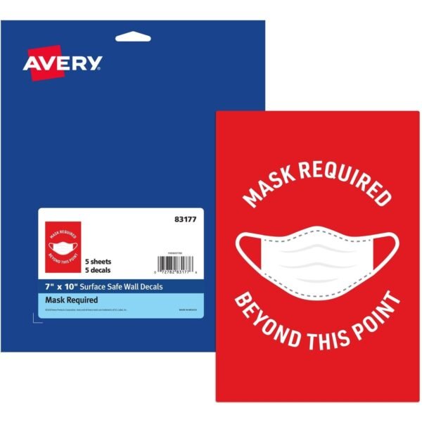 Avery® Surface Safe MASK REQUIRED Wall Decals Print/Message "Mask Required Beyond This Point" - 7" Width x 10" Height - Rectangular Shape - Water Resistant, Pre-printed,...