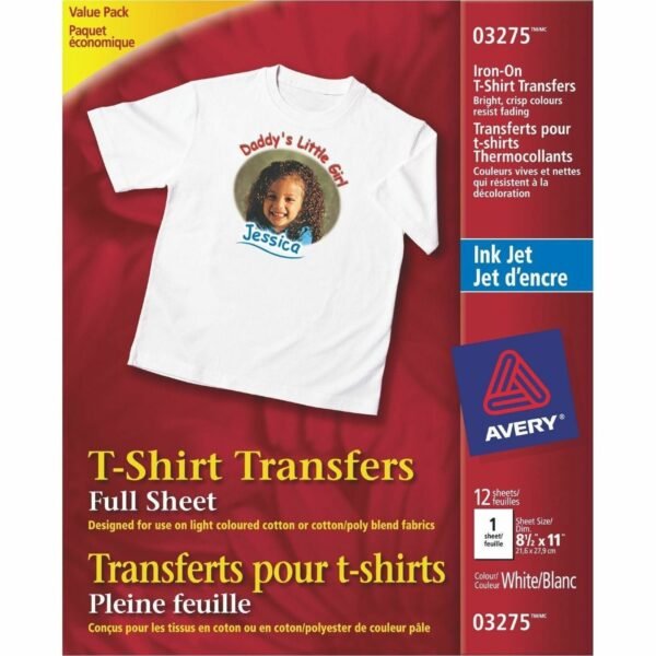 Avery T-Shirt Transfers for Inkjet Printers Letter - 8 1/2" x 11" - Matte - 12 / Pack - Printable, Easy Peel, Die-cut, Long Lasting, Crack Resistant (03275)