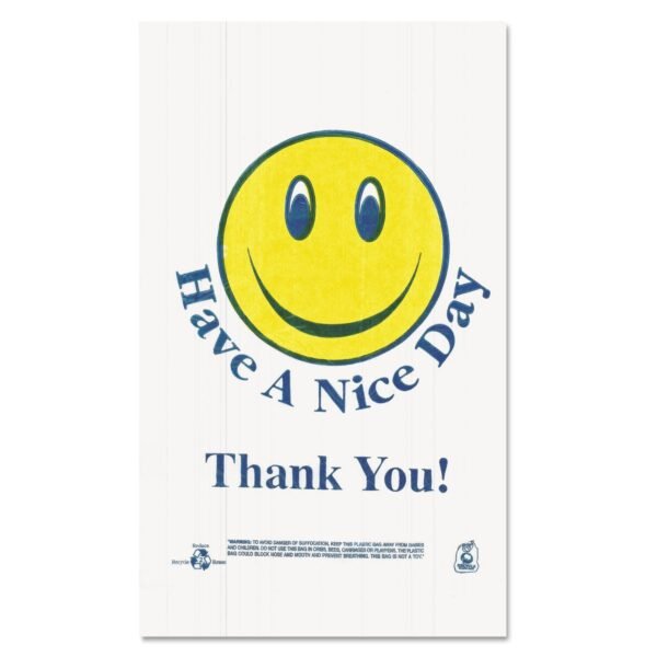 Barnes Paper Company Smiley Face Shopping Bags, Thank You - Have a Nice Day Labeling, Cut-Out Handles, 11.5" x 6.5" x 21", White/Red, 900/Carton (T16SMILEY)