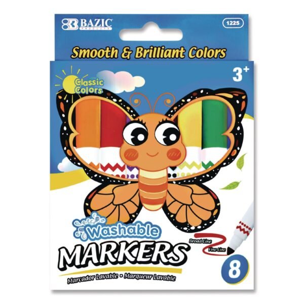 BAZIC Products Broad Line Jumbo Washable Markers, Broad Bullet Tip, 8 Assorted Colors, 24/Set (1225)
