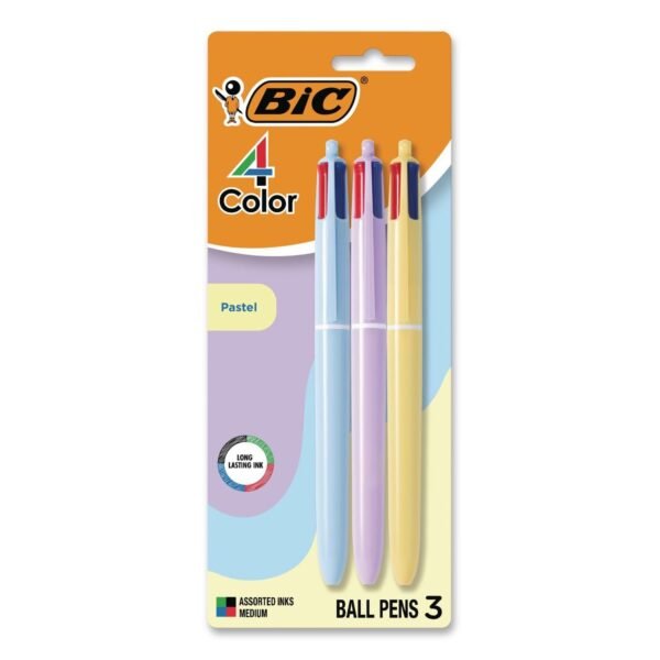 BIC 4-Color Multi-Color Ballpoint Pen, Retractable, Medium 1 mm, Black/Blue/Green/Red Ink, Assorted Pastel Barrel Colors, 3/Pack (MMAP3AST)