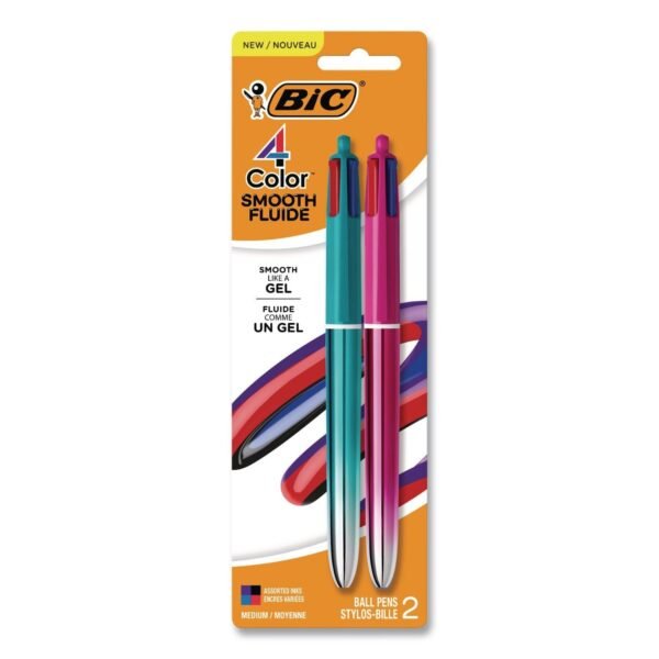 BIC 4-Color Smooth Multi-Color Ballpoint Pen, Retractable, Medium 1 mm, Black/Blue/Purple/Red Ink, Assorted Barrel Colors, 2/Pack (MMSGP2AST)