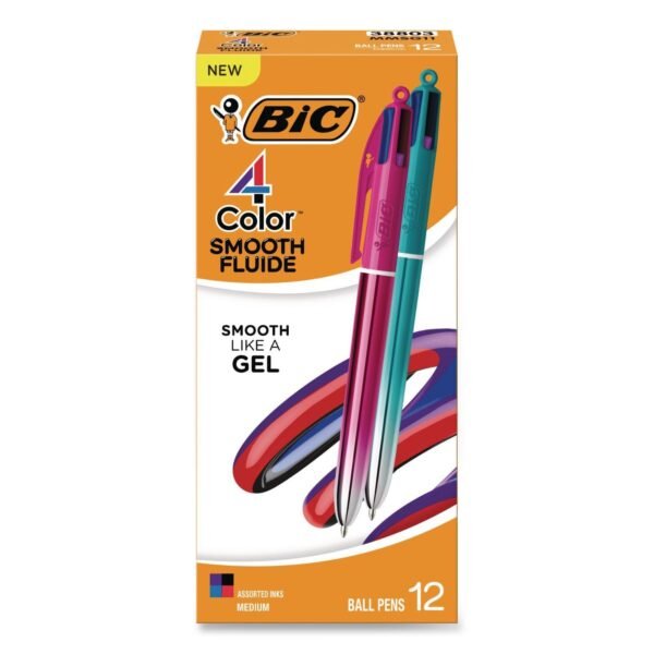 BIC 4-Color Smooth Multi-Color Ballpoint Pen, Retractable, Medium 1mm, Black/Blue/Purple/Red Ink, Assorted Barrel Colors, 12/Pack (MMSG11AST)