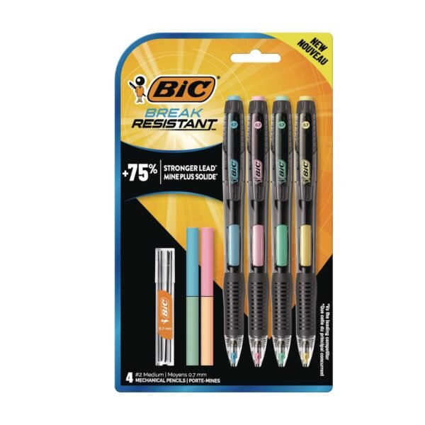 BIC Break-Resistant Mechanical Pencils with Erasers, 0.7 mm, HB (#2), Black Lead, Assorted Barrel Colors, 4/Pack (MV7PRP4BLK)