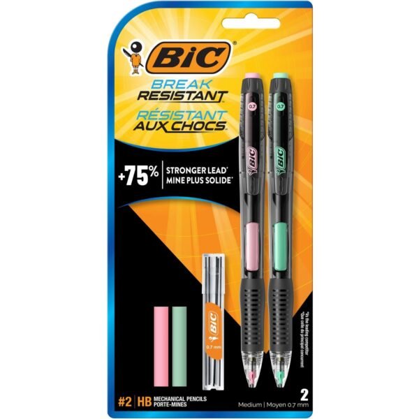 BIC Break-Resistant Mechanical Pencils with Erasers, 0.7 mm, HB (#2), Black Lead, Assorted Barrel Colors, Dozen (MV7PR11)