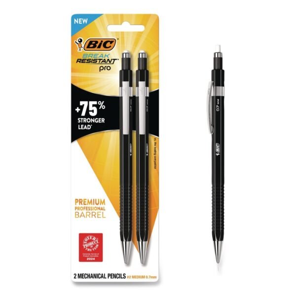 BIC Break Resistant Pro Mechanical Pencils, 0.7 mm, HB (#2), Black Lead, Black Barrel, 2/Pack (MVR7P2BLK)