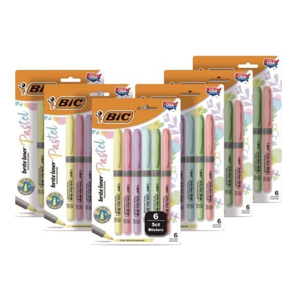 BIC Brite Liner Grip Pocket Highlighter, Assorted Ink Colors, Chisel Tip, Assorted Barrel Colors, 6/Set, 6 Sets/Pack (GBLD36EAST)