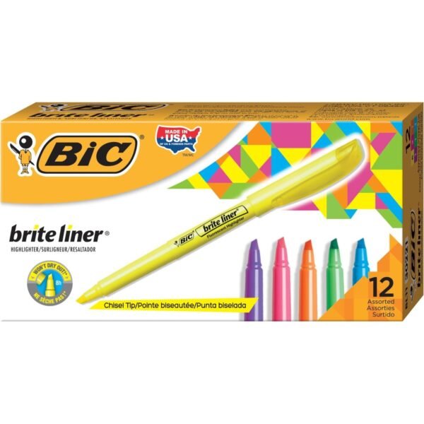 BIC Brite Liner Highlighter, Assorted, 12 Pack Chisel Marker Point - Fluorescent Assorted Ink - 12 / Box (BL11AST)