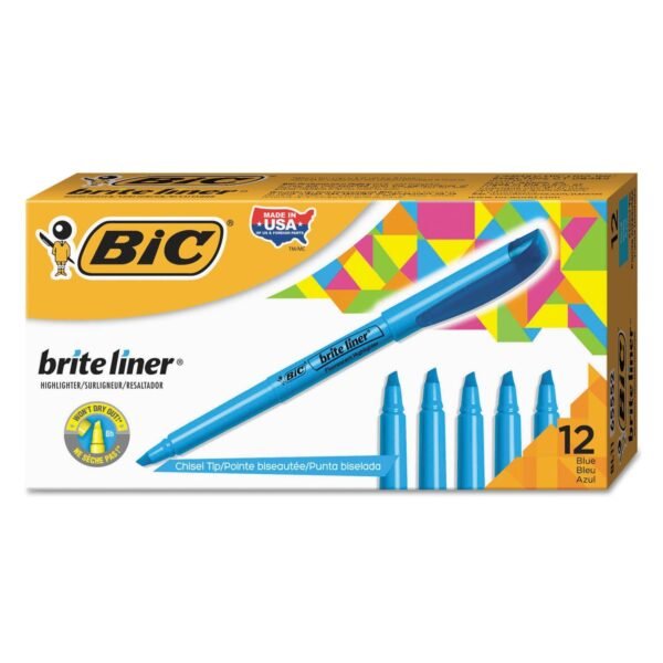 BIC Brite Liner Highlighter, Fluorescent Blue Ink, Chisel Tip, Blue/Black Barrel, Dozen (BL11BE)