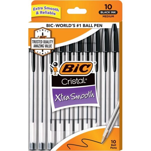 BIC Cristal Ballpoint Stick Pens Medium Pen Point - Black Ink - Clear Barrel - 10 / Pack (MSP10BK)