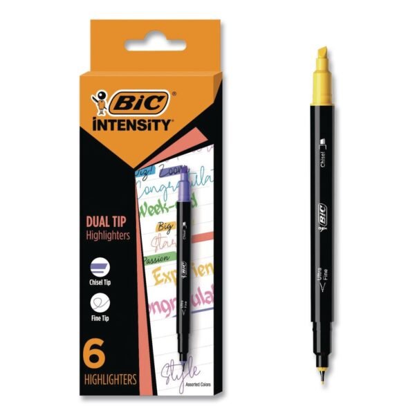 BIC Intensity Dual-Tip Highlighters, Assorted Ink Colors, Chisel/Needle Tips, Black Barrel, 6/Pack (HLPDT6AST)