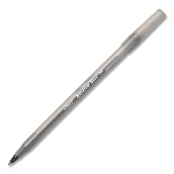 BIC Round Stic Grip Xtra Comfort Ballpoint Pen, Easy-Glide System, Stick, Medium 1.2 mm, Black Ink, Silver-Gray Barrel, Dozen (GSMG11BKCT)