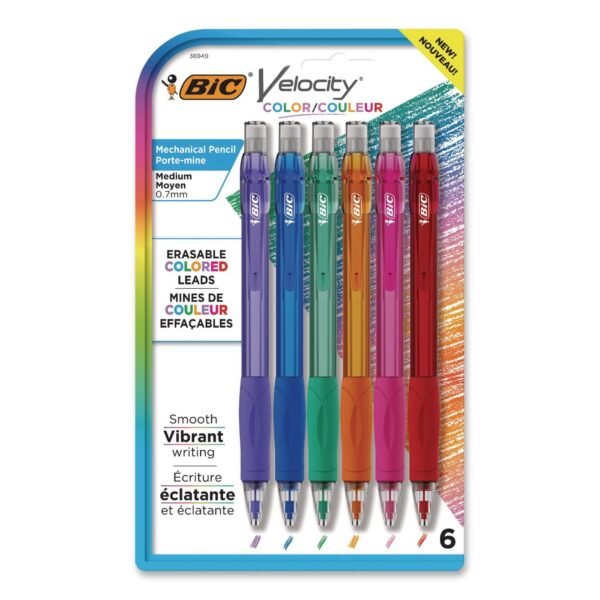 BIC Velocity Colored Lead Mechanical Pencils, 0.7 mm, HB (#2), Assorted Lead Colors, Assorted Barrel Colors, 6/Pack (MV7CP61AST)