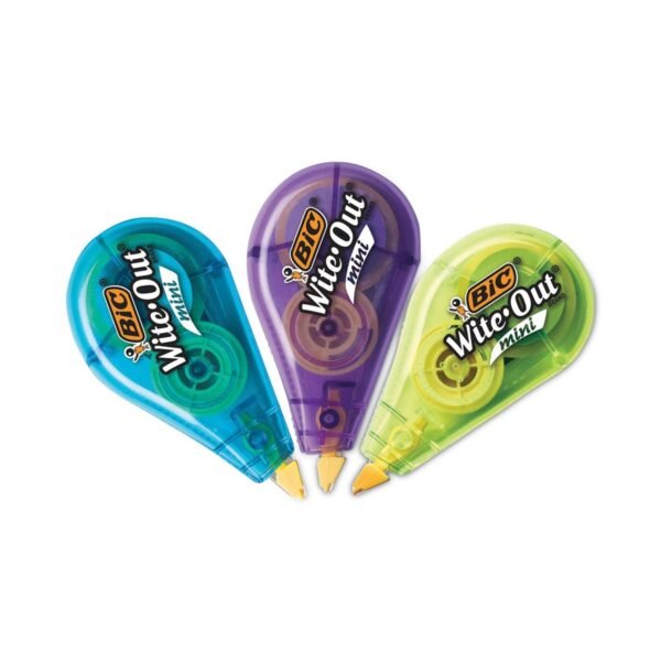 BIC Wite-Out Brand Mini Correction Tape, Non-Refillable, Blue/Purple/Yellow Applicators, 0.2" x 314.4", 3/Pack (WOTMP31WHI)