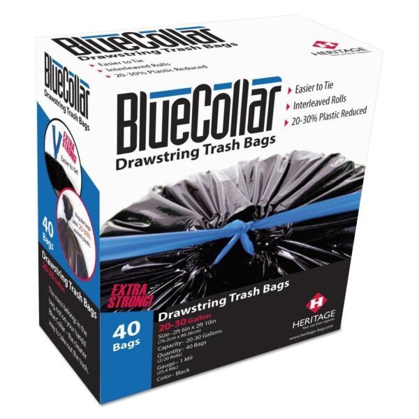 BlueCollar Drawstring Trash Bags, Drawstring, 30 gal, 1 mil, 30" x 34", Black, 40 Bags/Box, 6 Boxes/Carton (N6034YKRC1CT)
