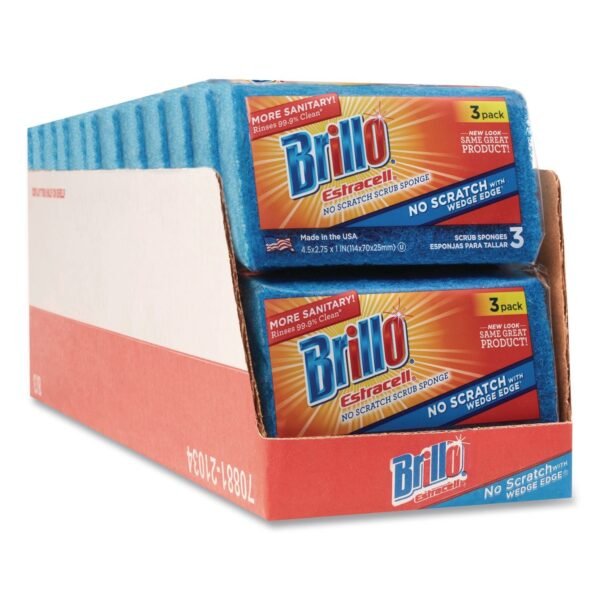 Brillo Estracell No Scratch Kitchen Sponges, 4.5 x 2.75, 1" Thick, Blue, 3 Sponges/Pack, 8 Packs/Carton (21034)
