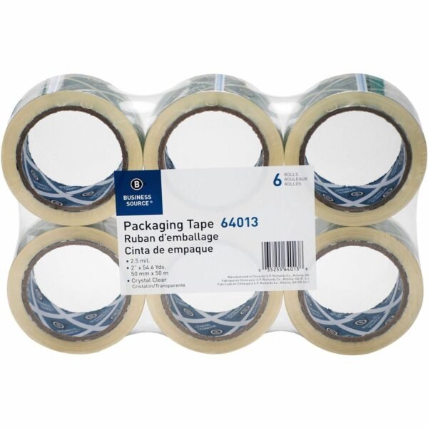 Business Source Crystal Clear Packaging Tape 55 yd Length x 2" Width - 3" Core - Crystal - Pressure-sensitive Poly - 2.50 mil - Abrasion Resistant, Split Resistant - For Packing...