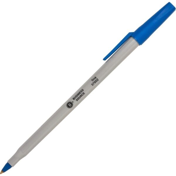 Business Source Fine Point Ballpoint Stick Pens Fine Pen Point - Blue Ink - Light Gray Barrel - Stainless Steel Tip - 1 Dozen (BSN37502)