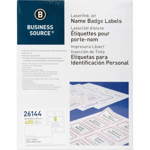 Business Source Laser/Inkjet Name Badge Labels 2 1/3" Width x 3 3/8" Length - Rectangle - Laser, Inkjet - White - Self-adhesive, Jam-free - 8 / Sheet - 400 / Pack (BSN26144)