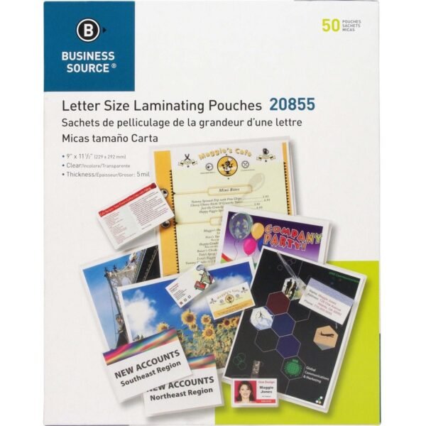 Business Source Letter Size Laminating Pouches Sheet Size Supported: Letter 8.50" Width x 11" Length - Laminating Pouch/Sheet Size: 9" Width x 11.50" Length x 5 mil Thickness -...