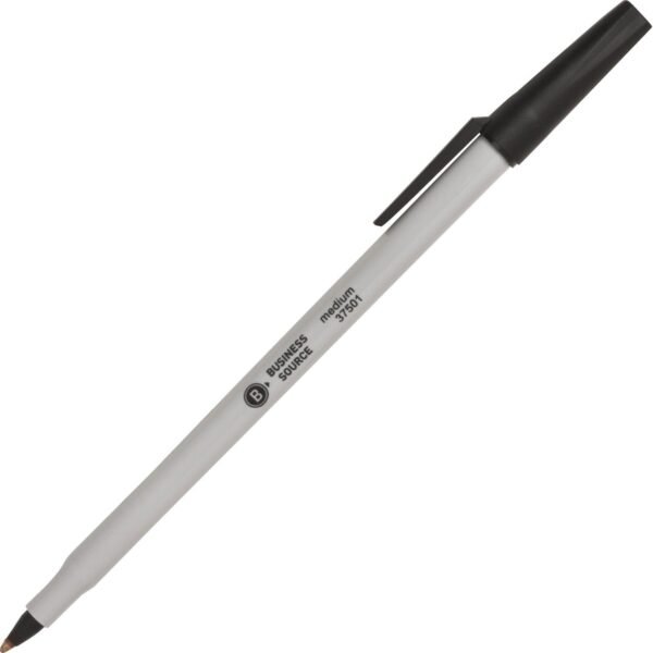 Business Source Medium Point Ballpoint Stick Pens Medium Pen Point - Black Ink - Light Gray Barrel - Stainless Steel Tip - 1 Dozen (BSN37501)