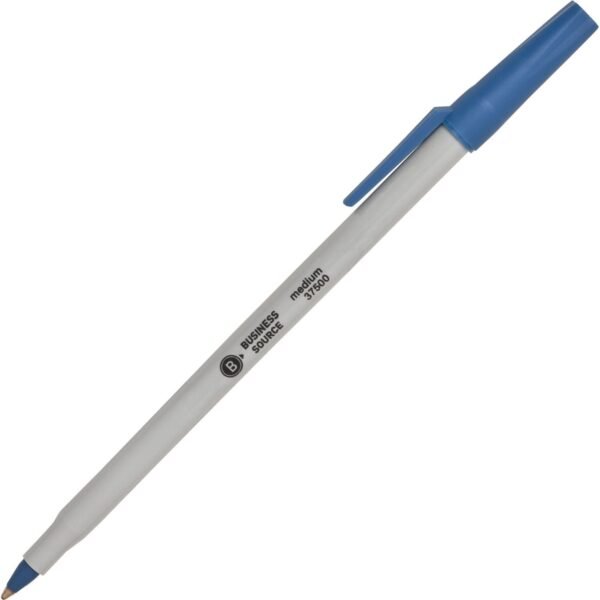 Business Source Medium Point Ballpoint Stick Pens Medium Pen Point - Blue Ink - Light Gray Barrel - Stainless Steel Tip - 1 Dozen (BSN37500)