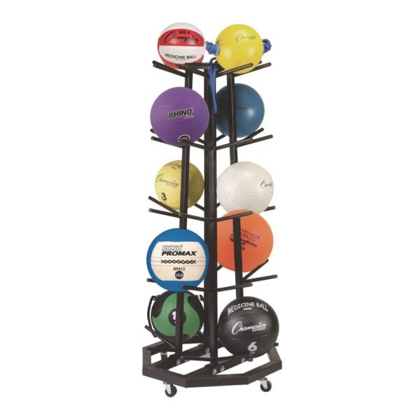 Champion Sports Deluxe Five-Row Mobile Medicine Ball Rack, Metal, 198 lb Capacity, 25" x 25" x 56", Black (MBR3)
