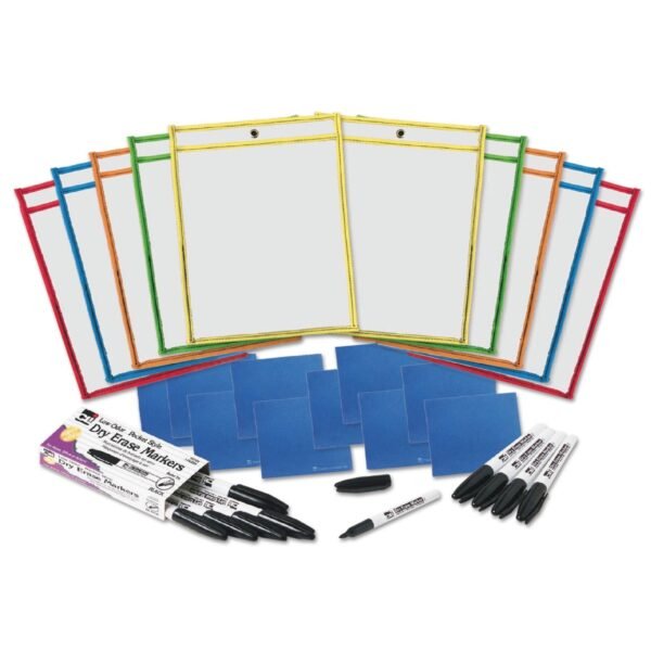 Charles Leonard Dry Erase Pocket Class Pack, 10.5 x 1.5, Assorted Primary Colors, 10/Pack (29130)