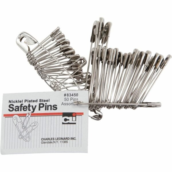 Charles Leonard Safety Pins Assorted Sizes - Nickel Plated - 50 / Pack (83450)