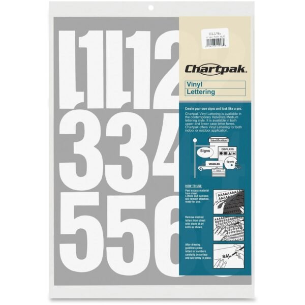 Chartpak Permanent Adhesive Vinyl Numbers 23 x Numbers Shape - Self-adhesive - Helvetica Style - Easy to Use - 4" Height - White - Vinyl - 1 Pack (01196)