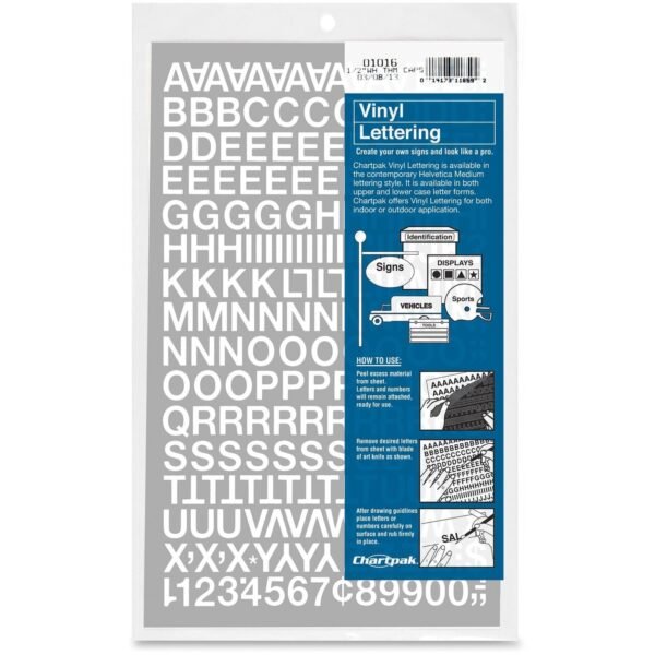 Chartpak Vinyl Helvetica Style Letters/Numbers 12 x Numbers, 167 x Capital Letters Shape - Self-adhesive - Helvetica Style - Easy to Use - 0.50" Height - White - Vinyl - 201 /...